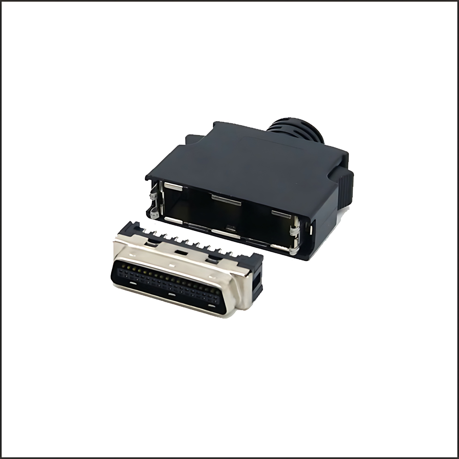 SCSI connector / MCR ribbon: SCSI 36P MALE soldered wire plastic housing assembled hook-shaped spring clip, wide solder cup
