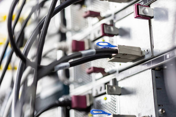 Close-up of data cable plug connected to servers in computer lab storage sas