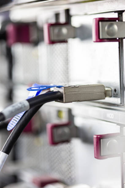 Close-up of data cable plug connected to servers in computer lab storage sas
