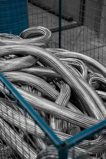 Close-up view of coiled metallic tubes inside an industrial cage, showcasing engineering materials.