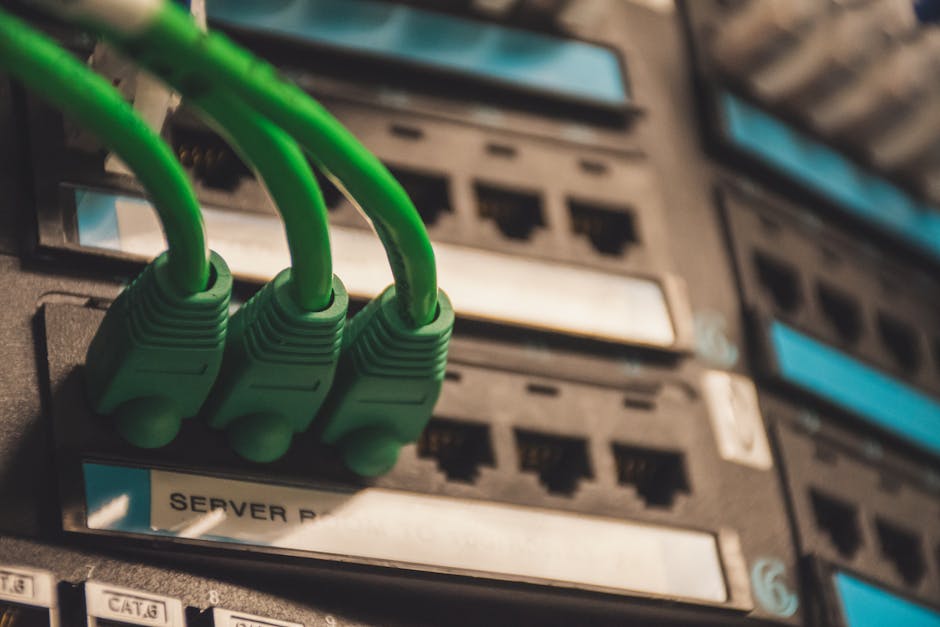 Close-up of green network cables plugged into server ports, showcasing technology setup. Close-up of green network cables plugged into server ports, showcasing technology setup.