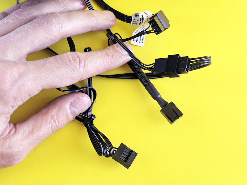 A hand holding black computer cables against a bright yellow background, showcasing technology connection. A hand holding black computer cables against a bright yellow background, showcasing technology connection.