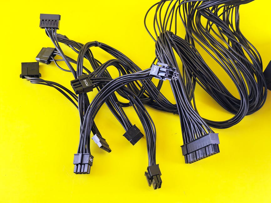 Black computer cables splayed on a vibrant yellow surface, highlighting technology connection themes.