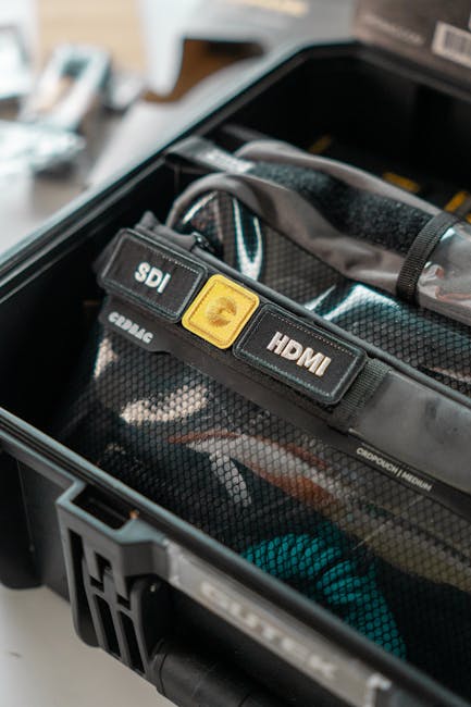 Close-up of camera connection cables labeled SDI and HDMI in a black case.