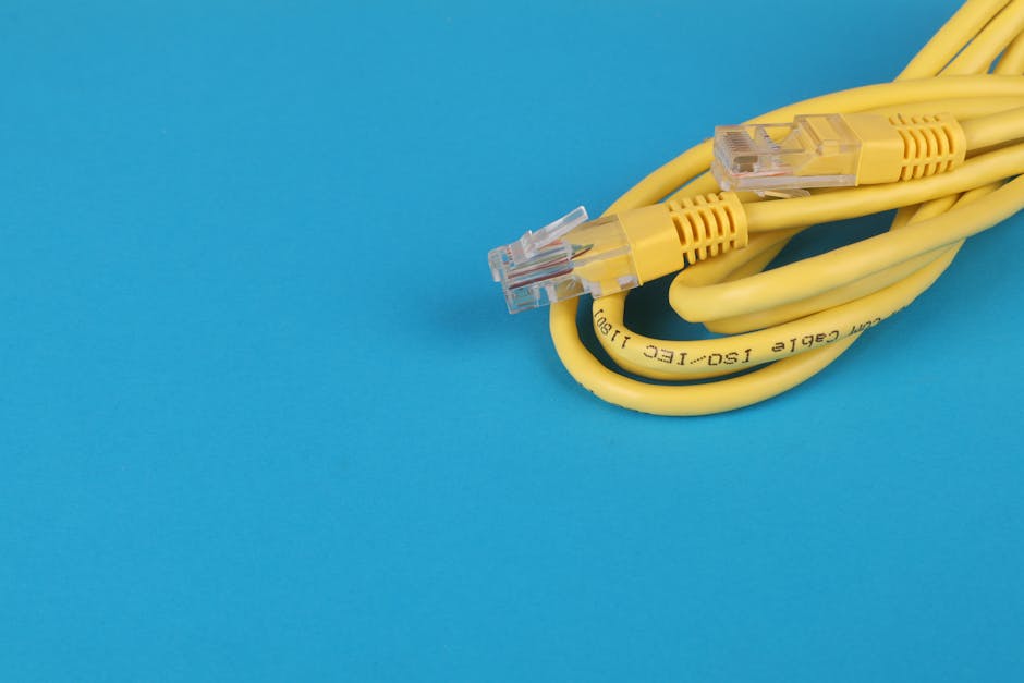 Close-up of a yellow Ethernet cable with connectors on a blue background.