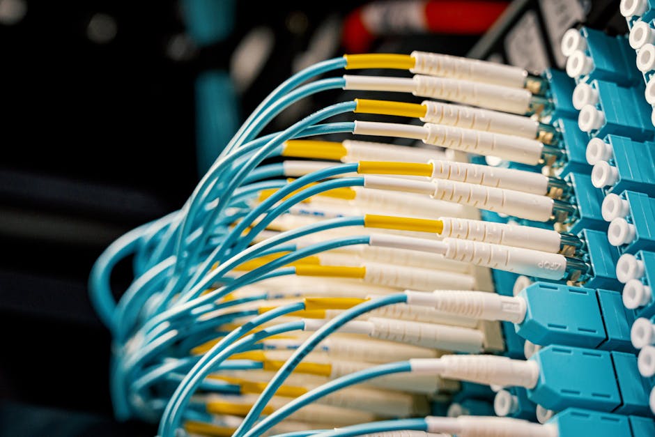 Close-up of neatly arranged fiber optic cables in a network patch panel, showcasing precise cable management. Close-up of neatly arranged fiber optic cables in a network patch panel, showcasing precise cable management.
