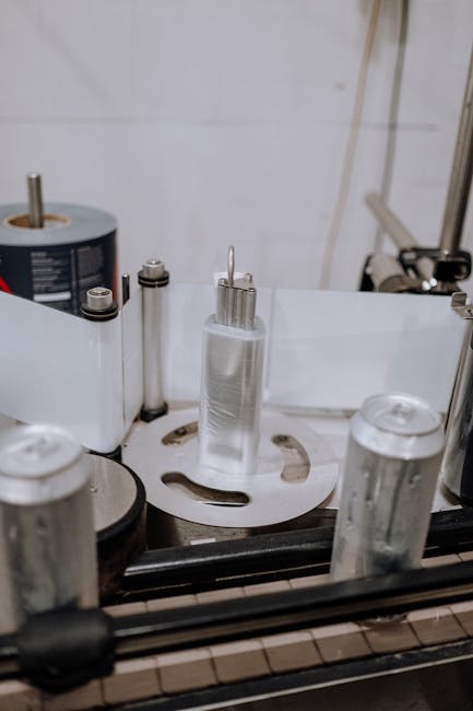 Close-up of an automated system labeling beverage cans in a modern brewery factory.