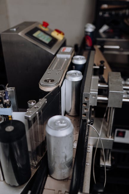 Close-up of an industrial assembly line for automated aluminum can production.