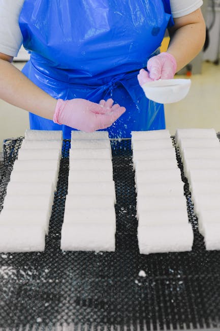 Close-up of hands in gloves preparing food products at a manufacturing facility.