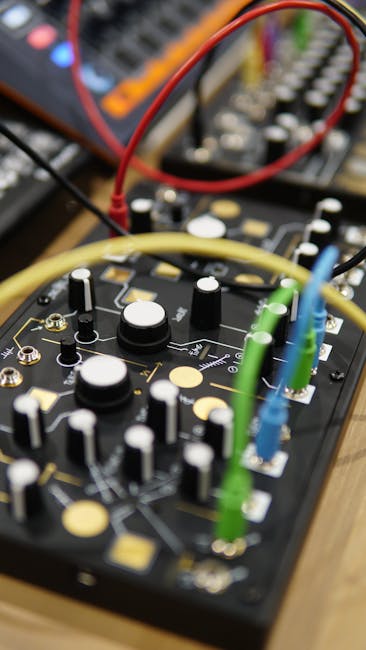Detailed view of an audio mixer with various knobs and vibrant wires connected.