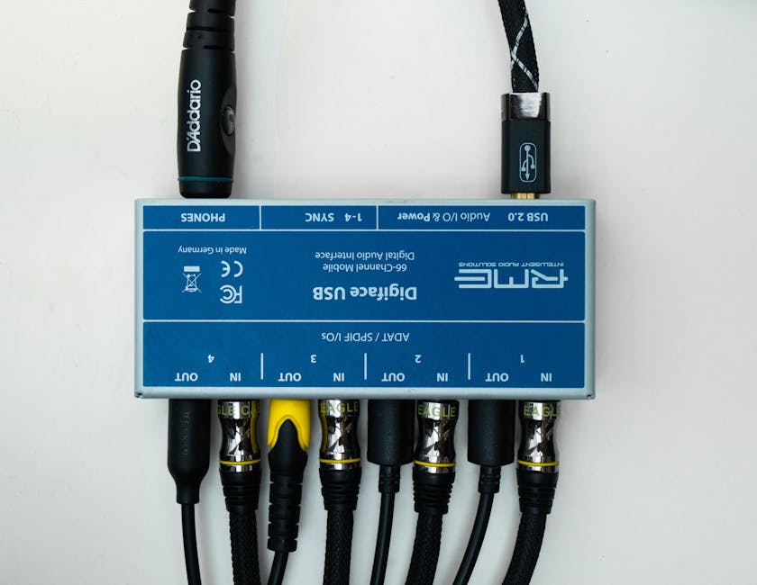 High-quality audio interface with multiple cables connected, ideal for studio use.