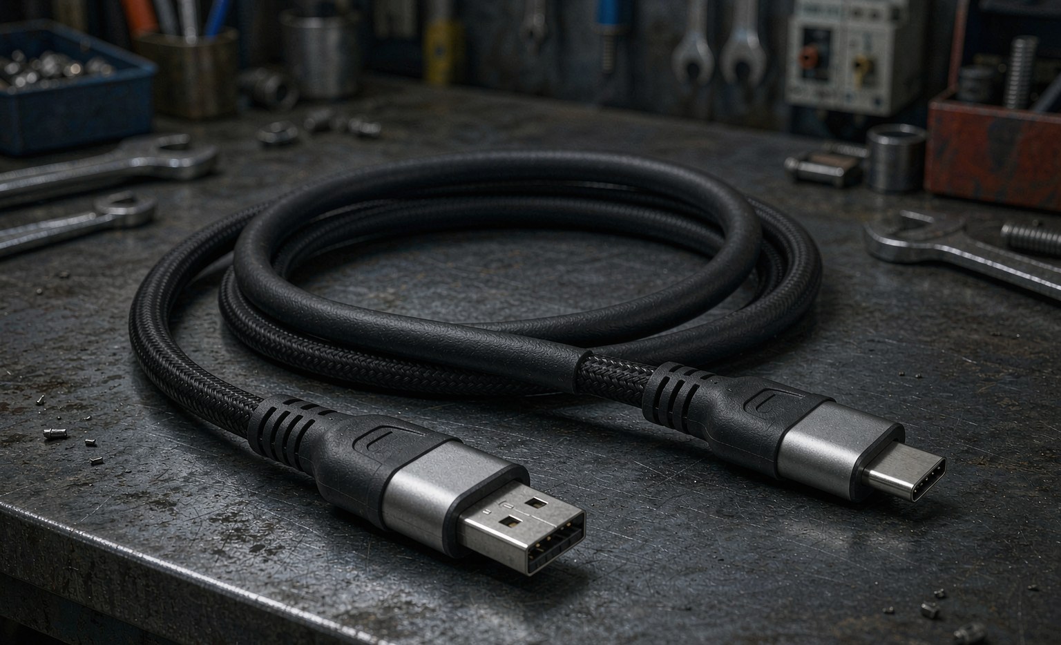 Industrial USB cable with molded strain relief and metal connector
