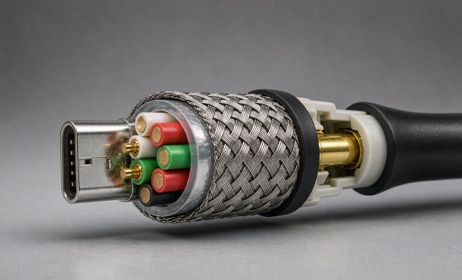 Cutaway of a shielded USB cable showing foil and braid