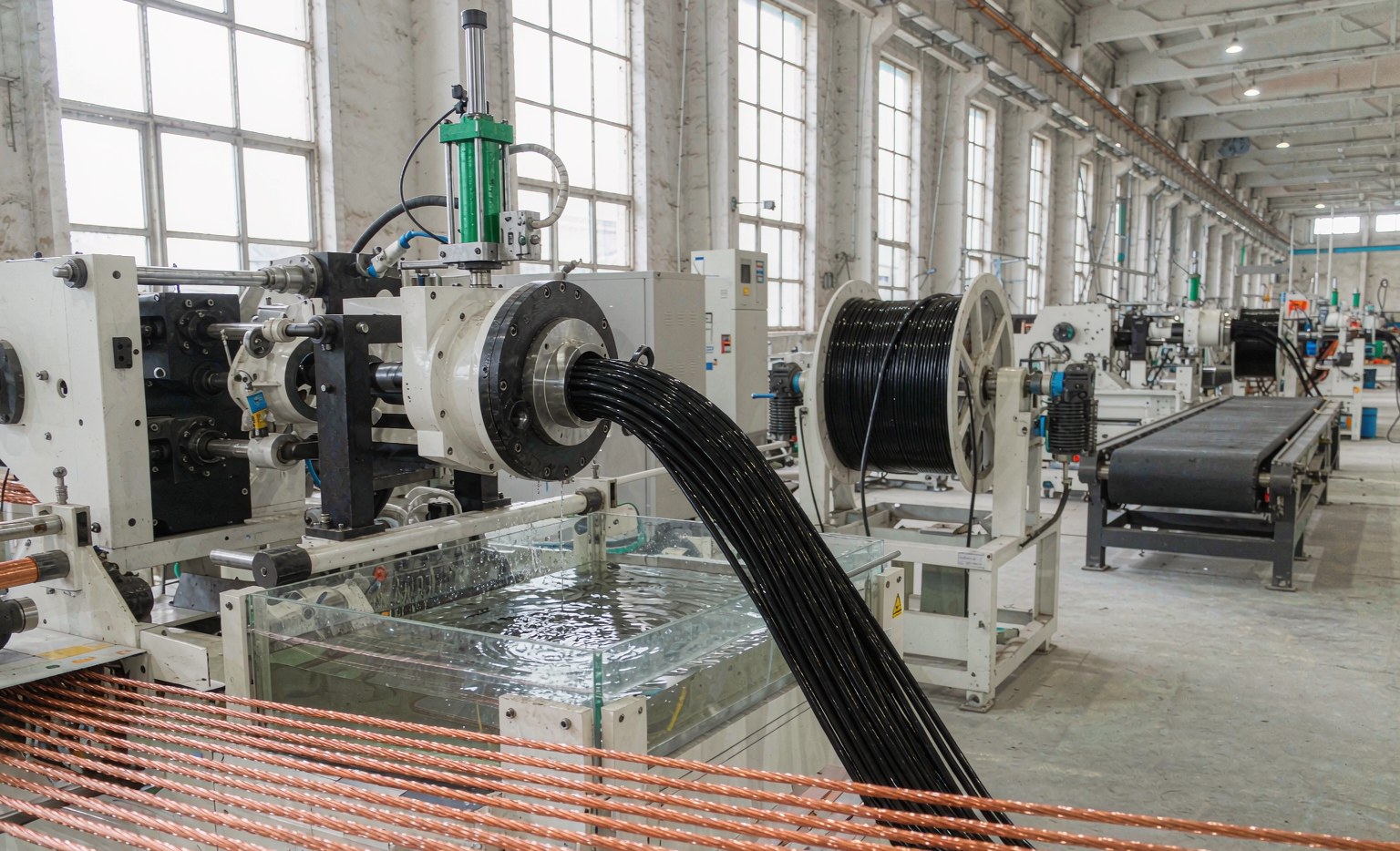 Wire and cable extrusion line coating conductors with insulation