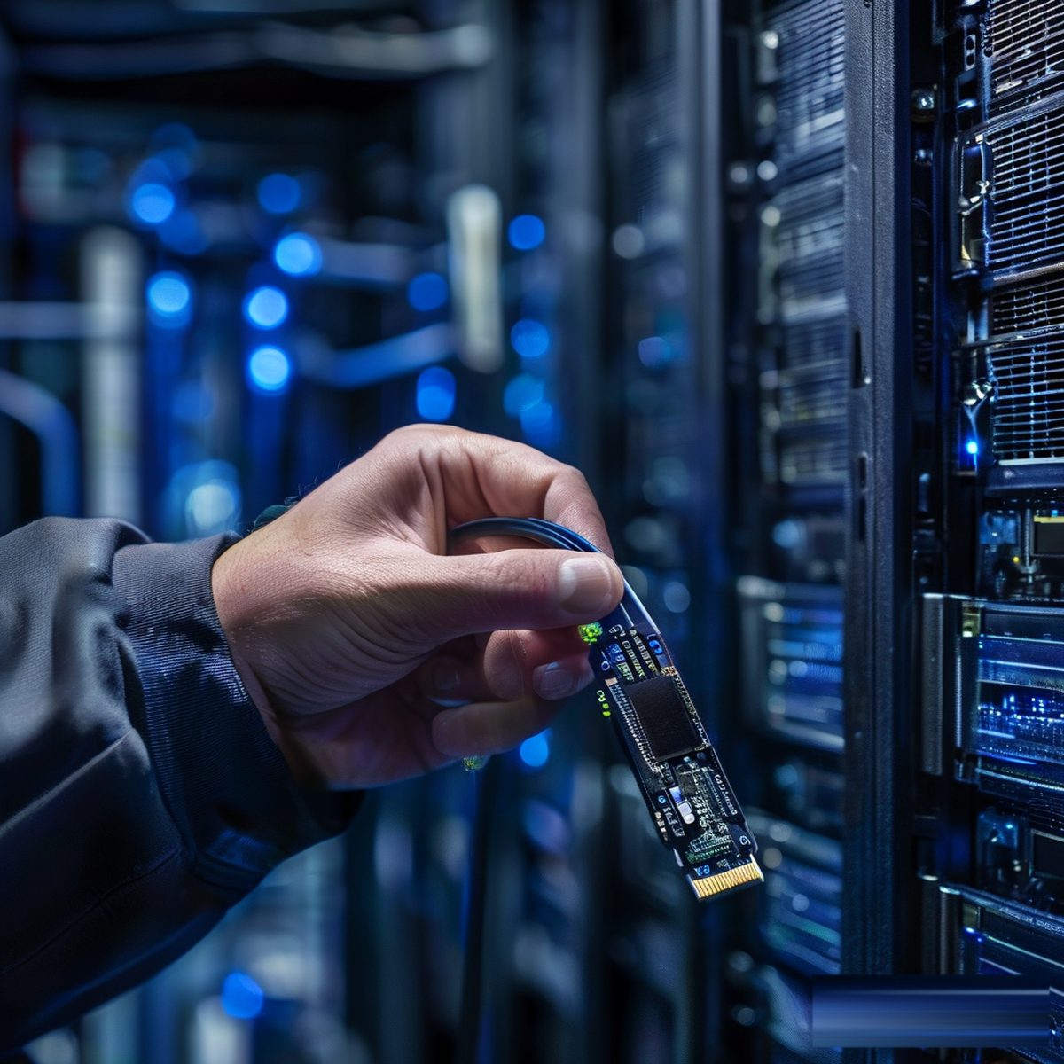 Gloved hand holding an SFF-8654 cable beside server backplane ports
