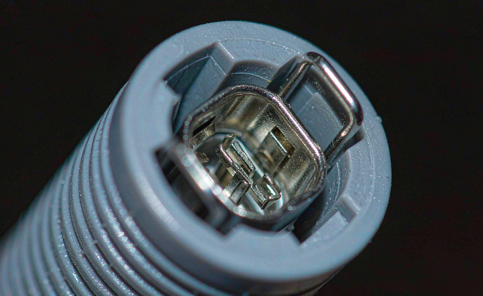 Close-up of USB-C connector shell and receptacle retention contacts
